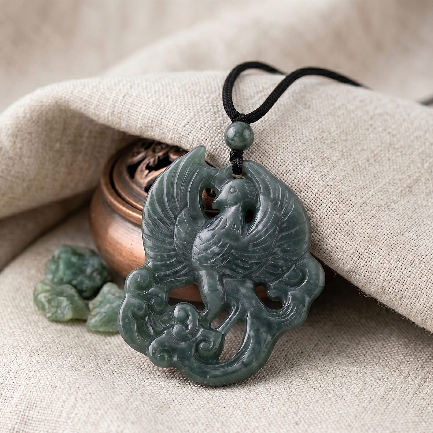 Natural Jade Adjustable Phoenix Carved Necklace (Size - 28) 80.00 Ct.