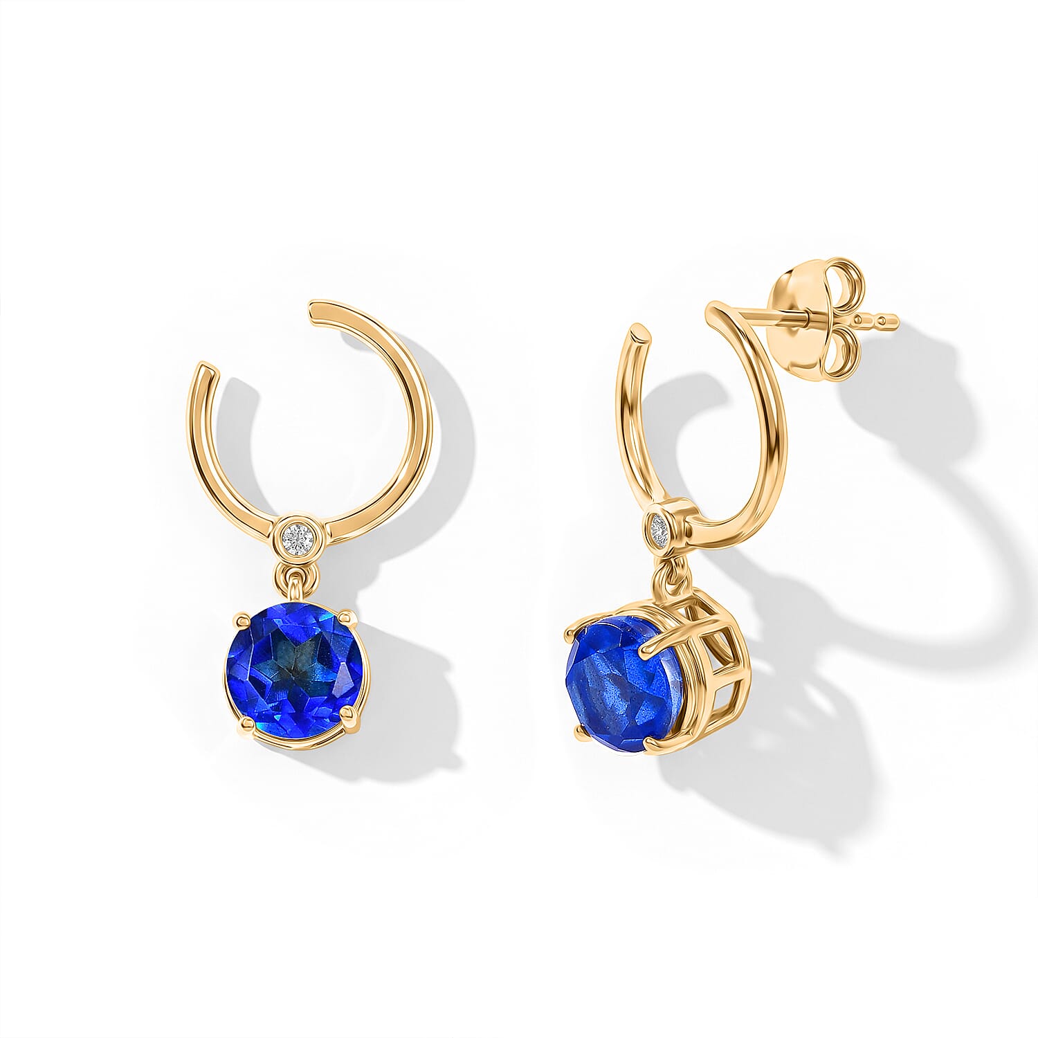 D'Joy - Ceylon Color Quartz & White Zircon Dangling Earring with Push Post in Yellow Gold Plated Sterling Silver 3.13 Ct.