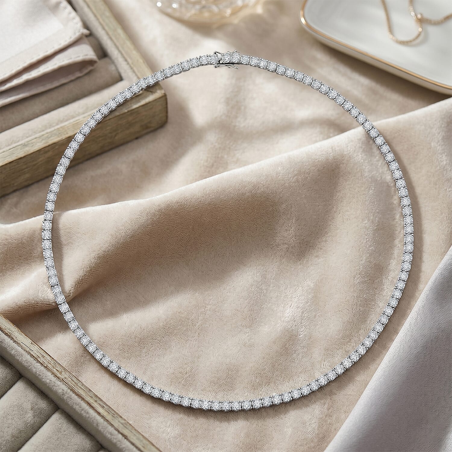 D'Joy - GRA Certified Moissanite Tennis Necklace (Size - 20) in Rhodium Overlay Sterling Silver 25.30 Ct, Silver Wt. 22.60 Gms