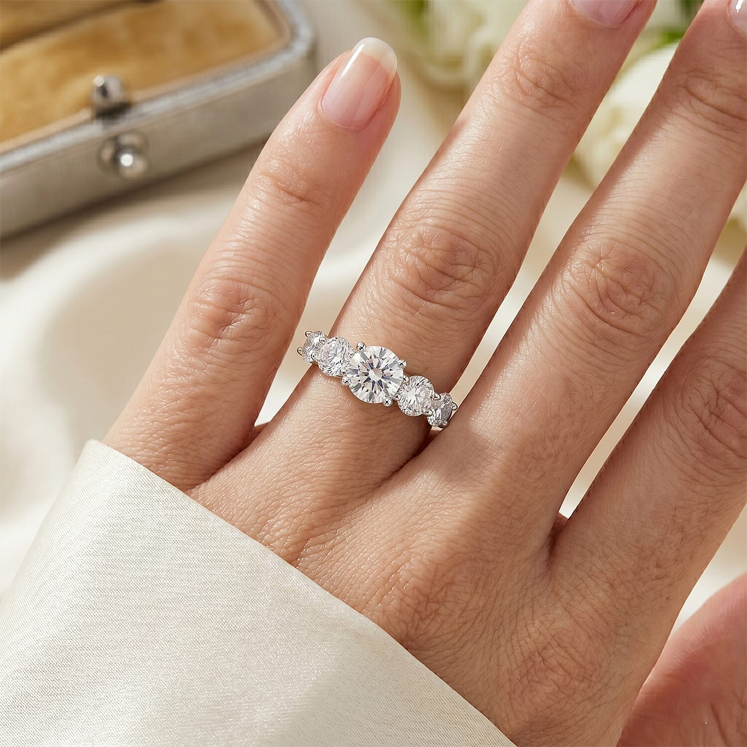 D'Joy - GRA Certified Moissanite 5 Stone Ring in Rhodium Overlay Sterling Silver 2.16 Ct.