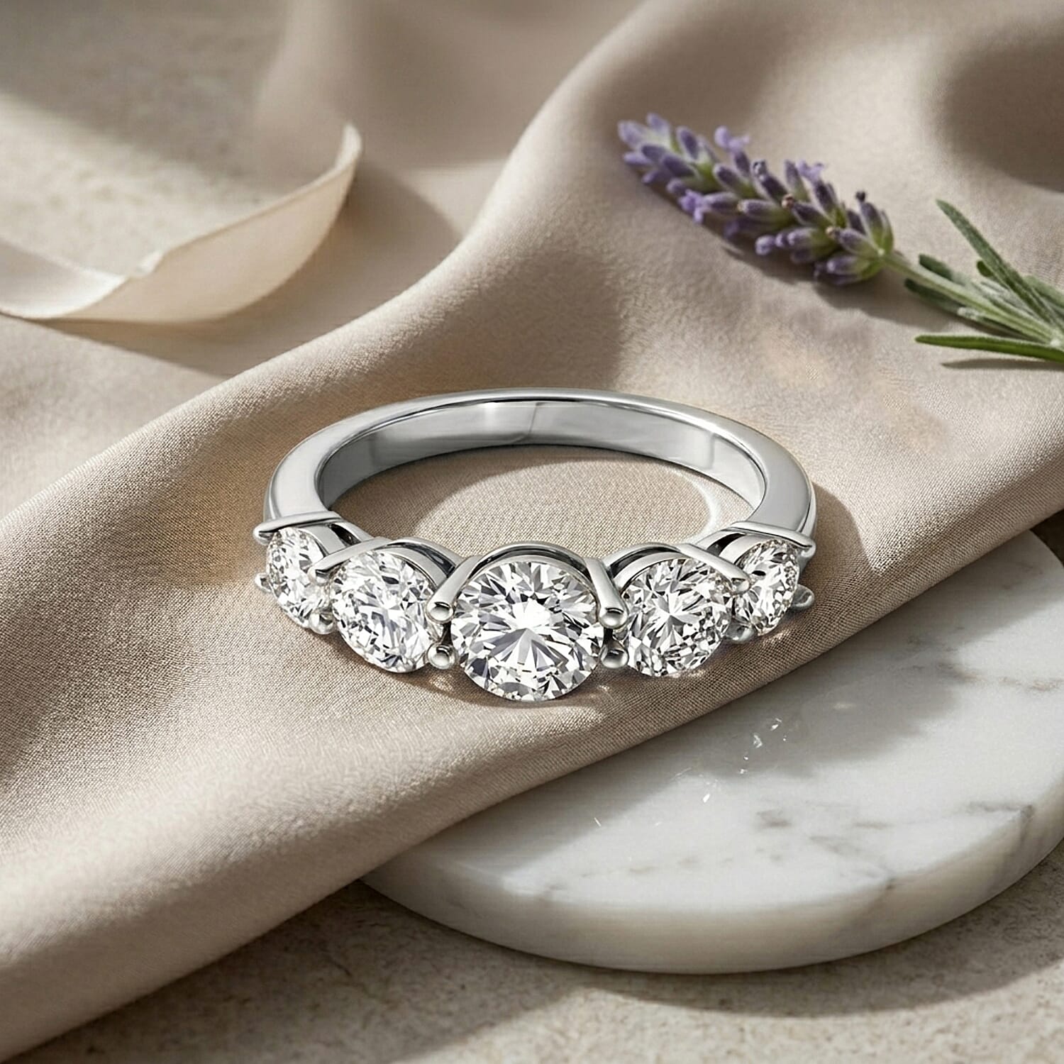 D'Joy - GRA Certified Moissanite 5 Stone Ring in Rhodium Overlay Sterling Silver 2.16 Ct.