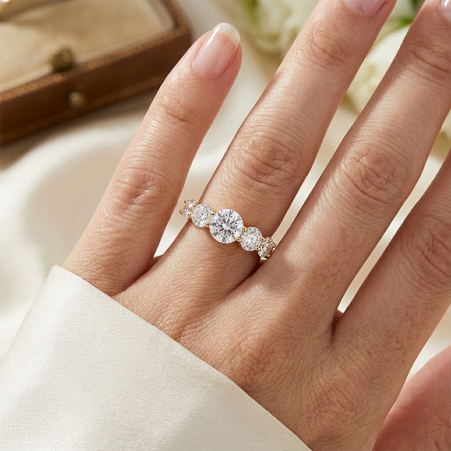 D'Joy - GRA Certified Moissanite 5 Stone Ring in Yellow Gold Plated Sterling Silver 2.16 Ct.