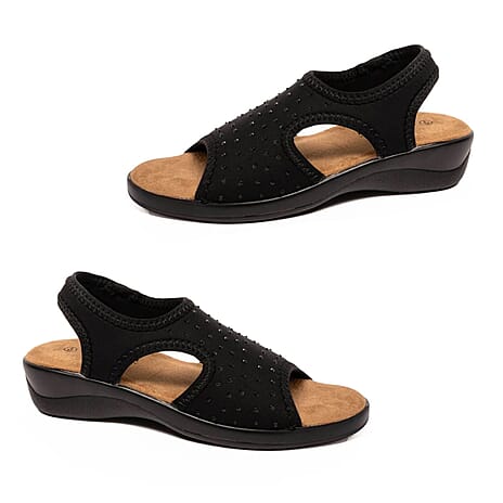 Jenny Womens Stretch Slingback Wedge Sandals With Diamante Trim (Size 6) - Black