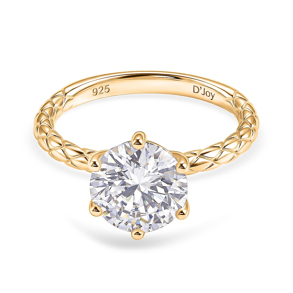 D'Joy - GRA Certified (D-VVS1) Moissanite Solitaire Ring in Yellow Gold Plated Sterling Silver 2.00 Ct.