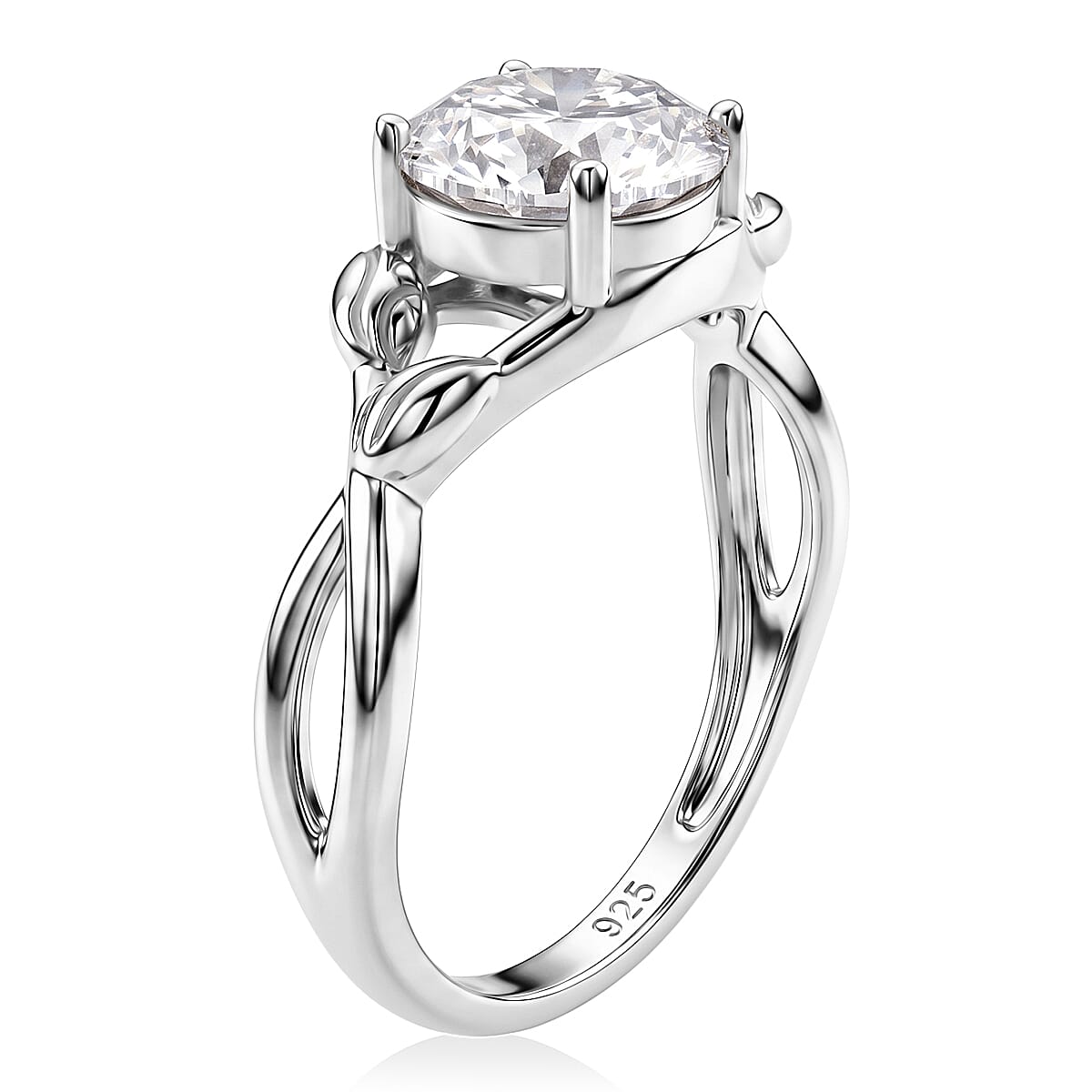 D'Joy - GRA Certified (D-VVS1) Moissanite Solitaire Twisted Ring in Rhodium Overlay Sterling Silver 1.90 Ct.