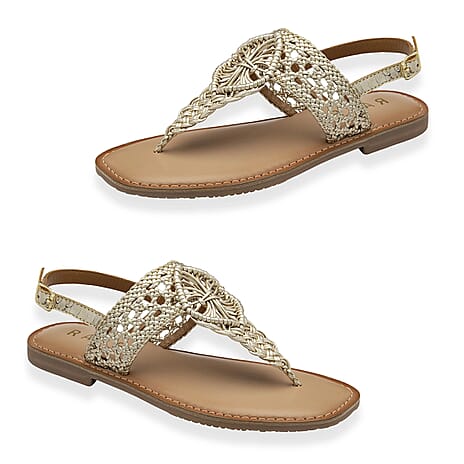 Ravel Womens Roxby Leather Macrame Detailing T-Bar Flat Sandal (Size 5) - Gold