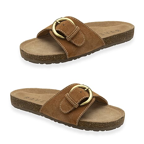Ravel Womens Salton Suede Mule Sandals With Oversized Buckle (Size 6) - Tan
