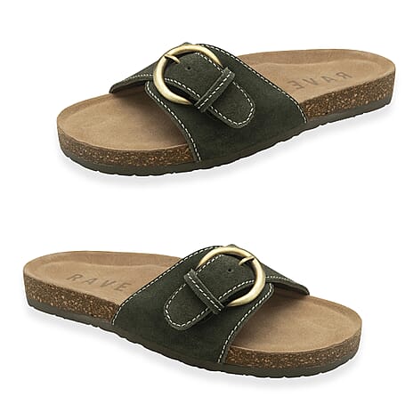 Ravel Womens Salton Suede Mule Sandals With Oversized Buckle (Size 8) - Khaki