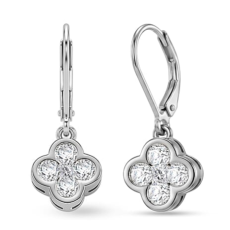 D'Joy - GRA Certified Moissanite Cluster Earring with Lever Back in Rhodium Overlay Sterling Silver 1.00 Ct.