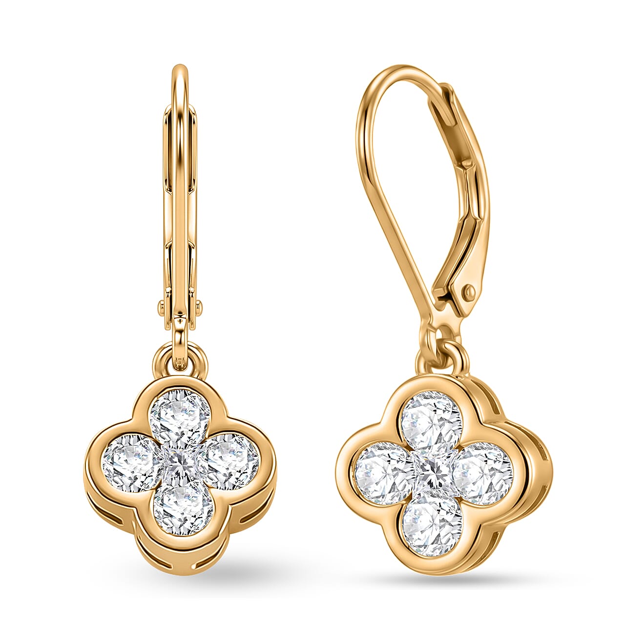 D'Joy - GRA Certified Moissanite Cluster Earring with Lever Back in Yellow Gold Plated Sterling Silver 1.00 Ct.