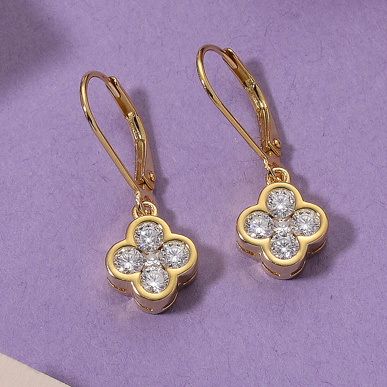 D'Joy - GRA Certified Moissanite Cluster Earring with Lever Back in Yellow Gold Plated Sterling Silver 1.00 Ct.