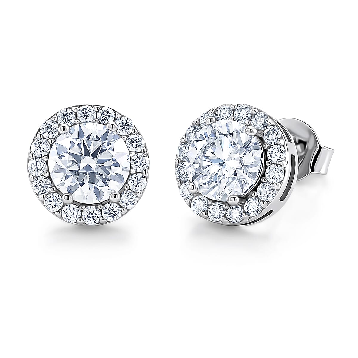 D'Joy - GRA Certified (D-VVS1) Moissanite Halo Stud Earring with Push Back in Rhodium Overlay Sterling Silver 1.94 Ct.