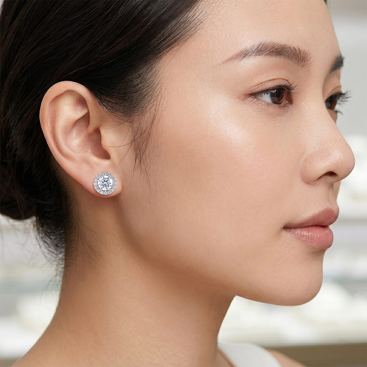 D'Joy - GRA Certified (D-VVS1) Moissanite Halo Stud Earring with Push Back in Rhodium Overlay Sterling Silver 1.94 Ct.