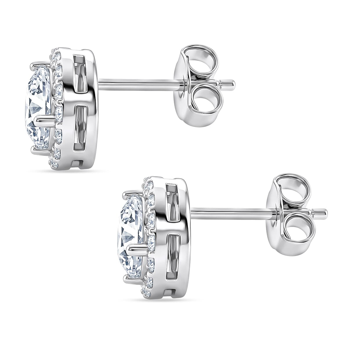 D'Joy - GRA Certified (D-VVS1) Moissanite Halo Stud Earring with Push Back in Rhodium Overlay Sterling Silver 1.94 Ct.