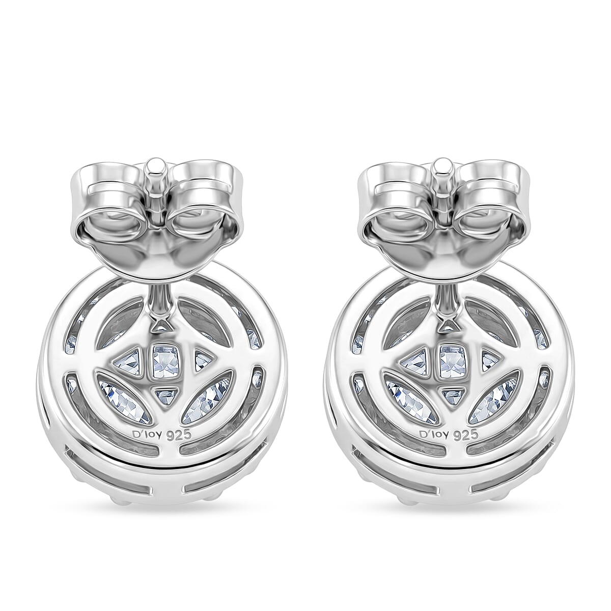 D'Joy - GRA Certified (D-VVS1) Moissanite Halo Stud Earring with Push Back in Rhodium Overlay Sterling Silver 1.94 Ct.