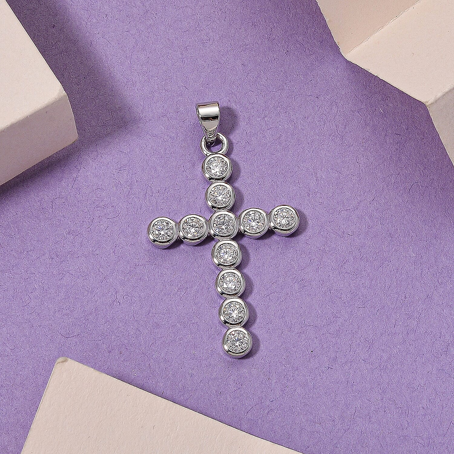D'Joy - GRA Certified Moissanite Cross Pendant in Rhodium Overlay Sterling Silver 1.20 Ct.