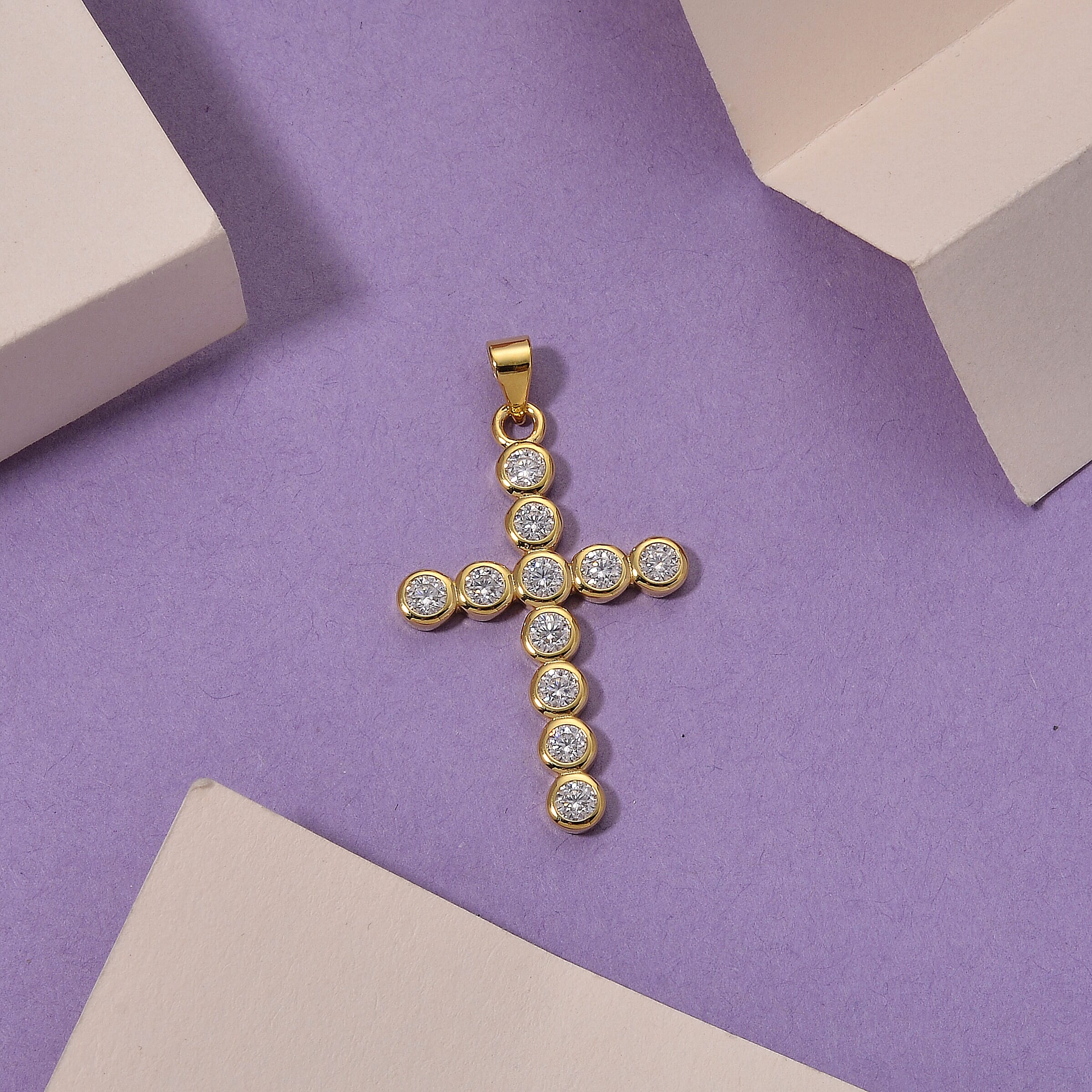D'Joy - GRA Certified (D-VVS1) Moissanite Cross Pendant in Yellow Gold Plated Sterling Silver 1.20 Ct.