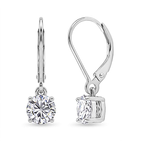 D'Joy - GRA Certified Moissanite Solitaire Drop Earring with Lever Back in Rhodium Overlay Sterling Silver 1.50 Ct.