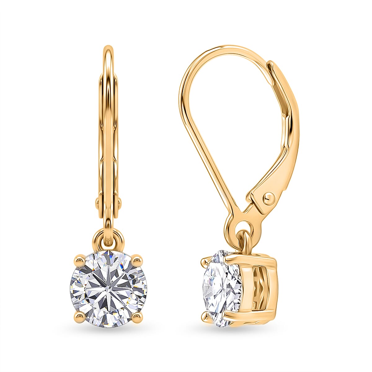 D'Joy - GRA Certified (D-VVS1) Moissanite Solitaire Drop Earring with Lever Back in Yellow Gold Plated Sterling Silver 1.50 Ct.