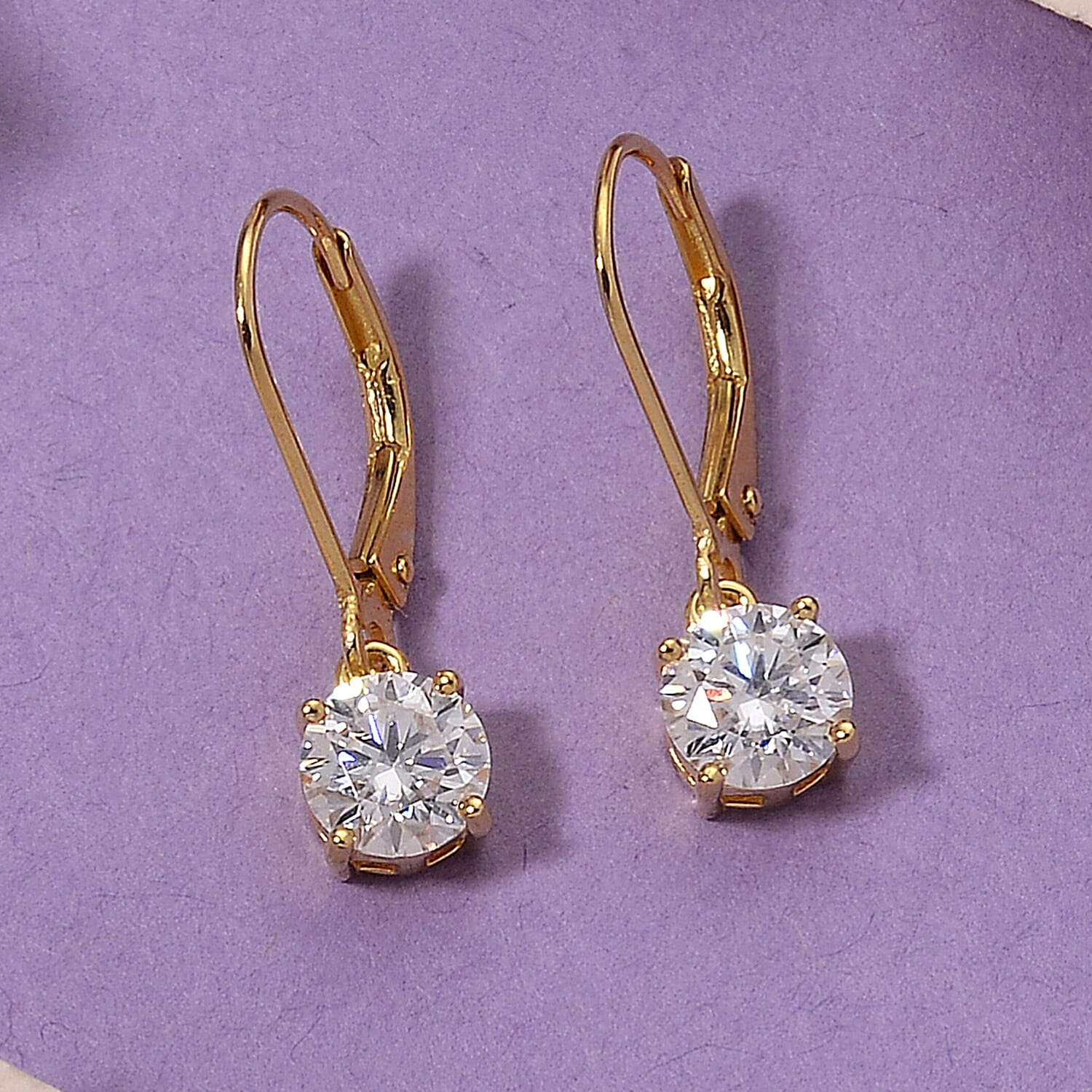 D'Joy - GRA Certified (D-VVS1) Moissanite Solitaire Drop Earring with Lever Back in Yellow Gold Plated Sterling Silver 1.50 Ct.