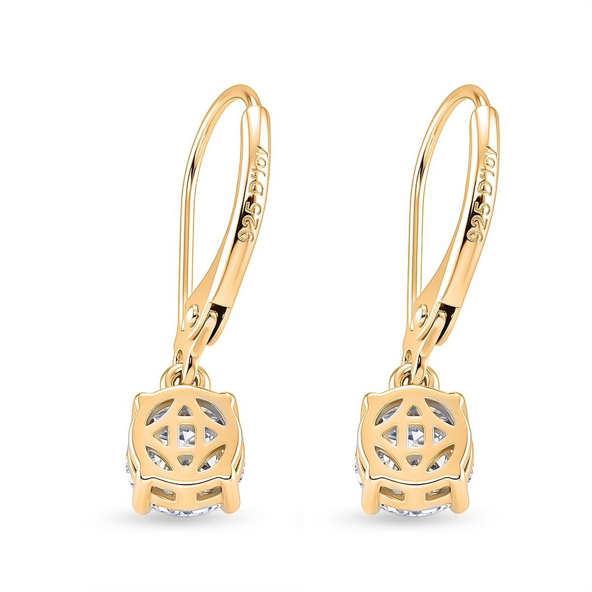 D'Joy - GRA Certified (D-VVS1) Moissanite Solitaire Drop Earring with Lever Back in Yellow Gold Plated Sterling Silver 1.50 Ct.
