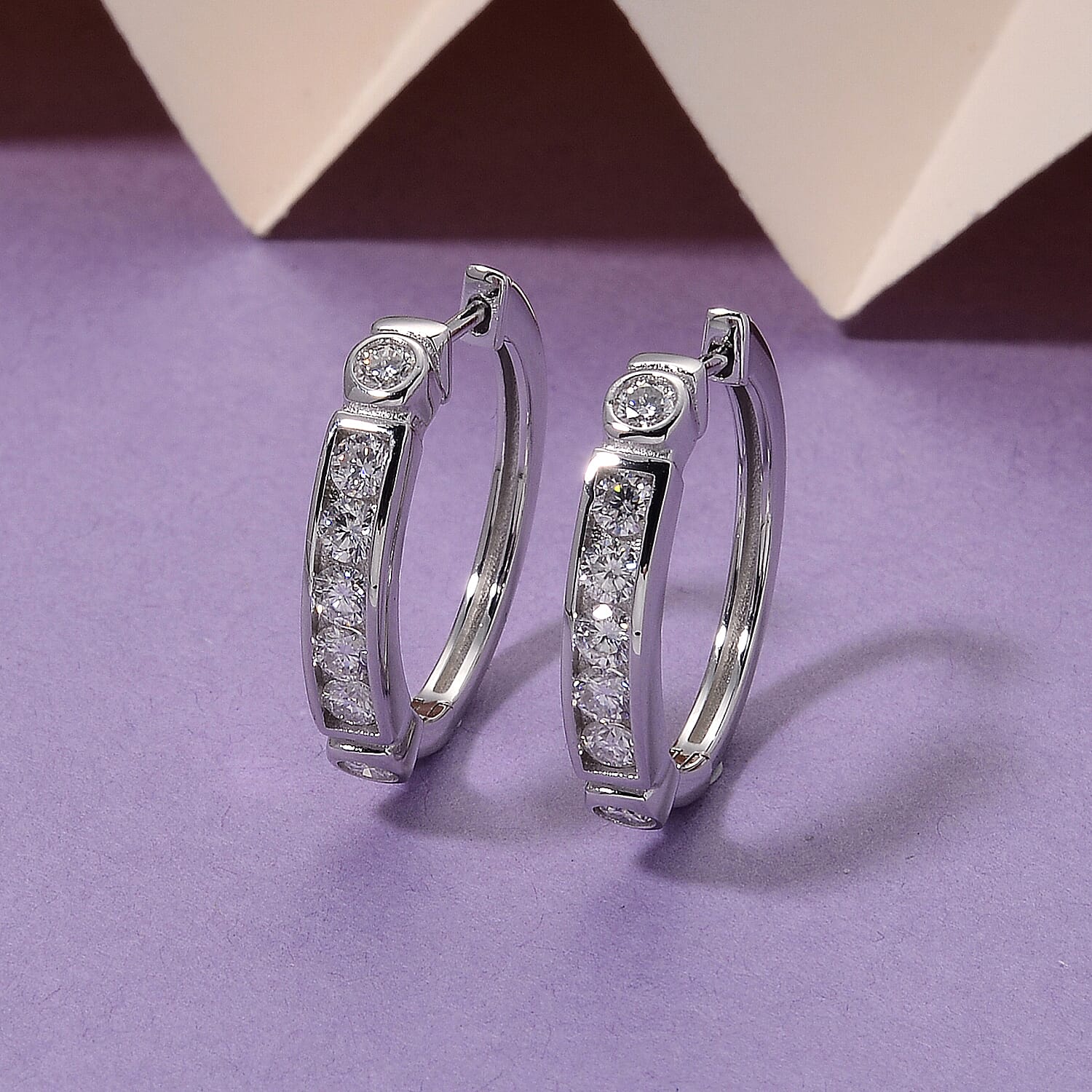 D'Joy - GRA Certified Moissanite Hoop Earring in Rhodium Overlay Sterling Silver 1.54 Ct.