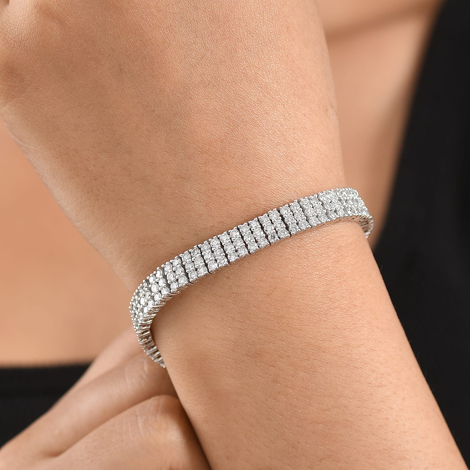 Luxuriant Lab Grown Diamond Three Row Bracelet (Size - 7.5) in Rhodium OverlaySterling Silver, Silver Wt.19.22 Gms  10.998  Ct.