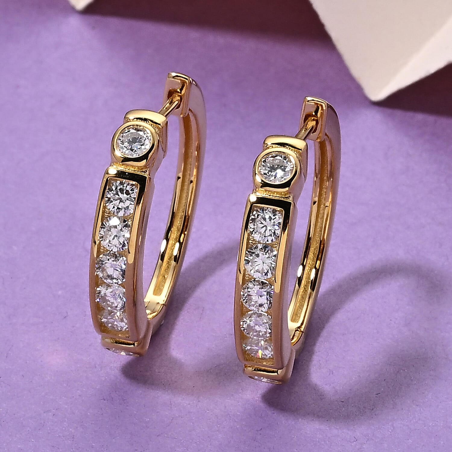D'Joy - GRA Certified Moissanite Hoop Earring with Clasp in Yellow Gold Plated Sterling Silver 1.54 Ct.