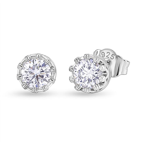 D'Joy - GRA Certified (D-VVS1) Moissanite Solitaire Stud Earring with Push Post in Rhodium Overlay Sterling Silver 1.50 Ct.