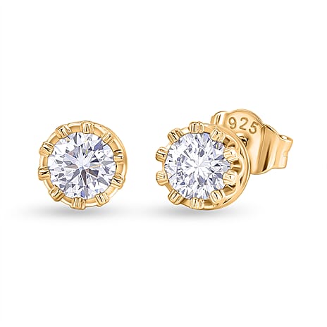 D'Joy - GRA Certified (D-VVS1) Moissanite Solitaire Stud Earring with Push Post in Yellow Gold Plated Sterling Silver 1.50 Ct.