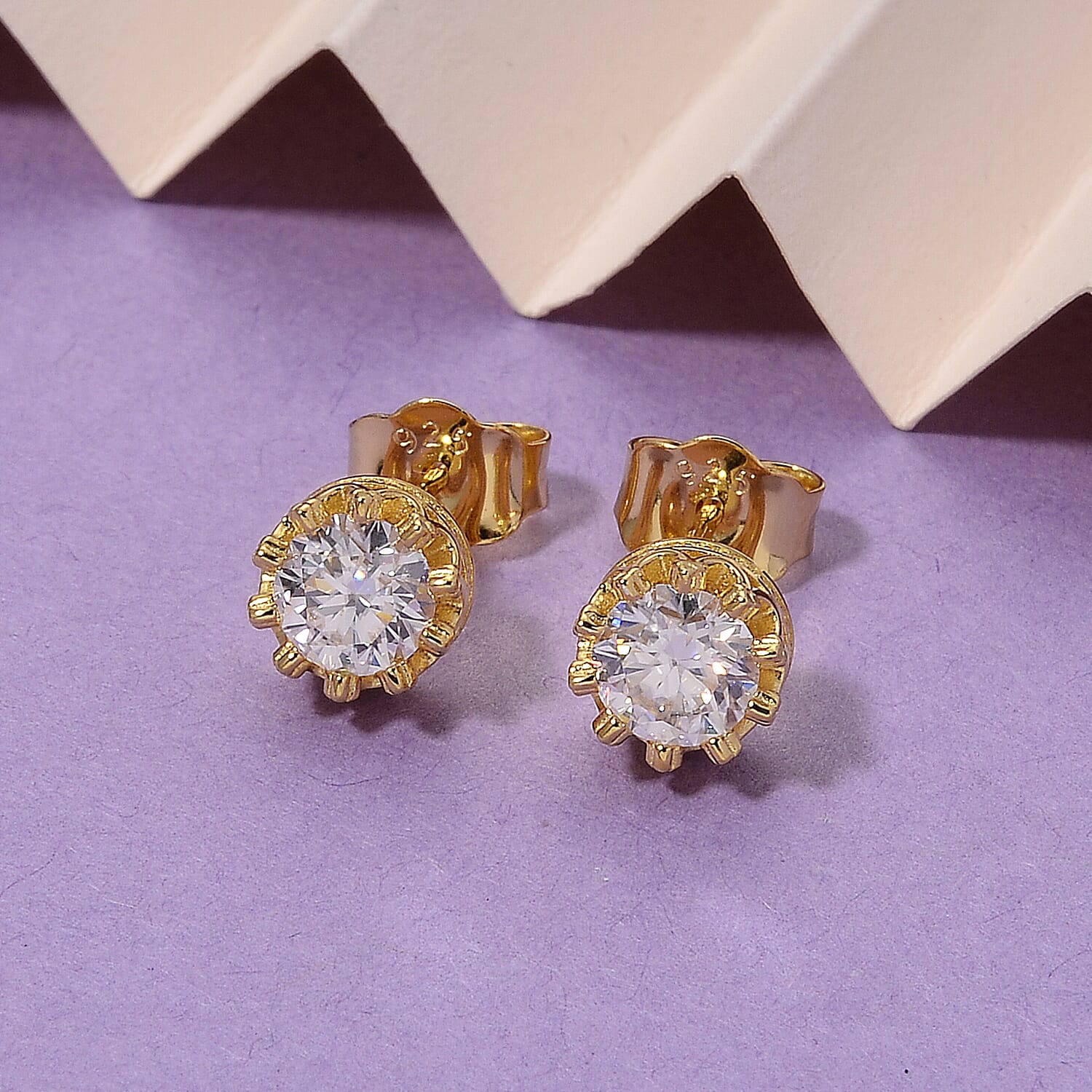 D'Joy - GRA Certified (D-VVS1) Moissanite Solitaire Stud Earring with Push Post in Yellow Gold Plated Sterling Silver 1.50 Ct.