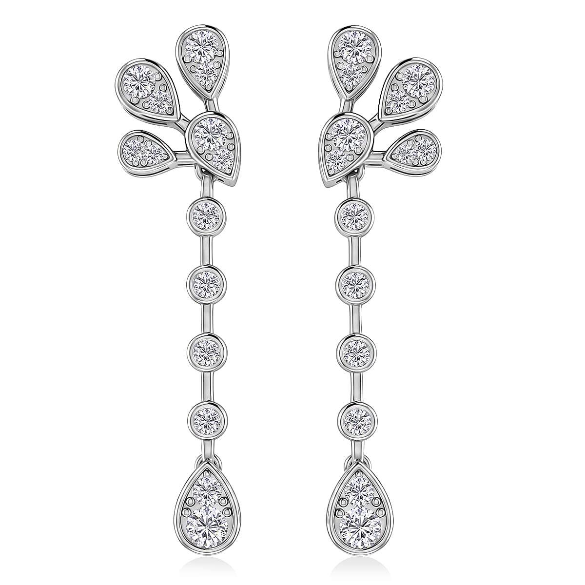 D'Joy - GRA Certified Moissanite Floral Drop Earring with Push Back in Rhodium Overlay Sterling Silver 2.40 Ct.