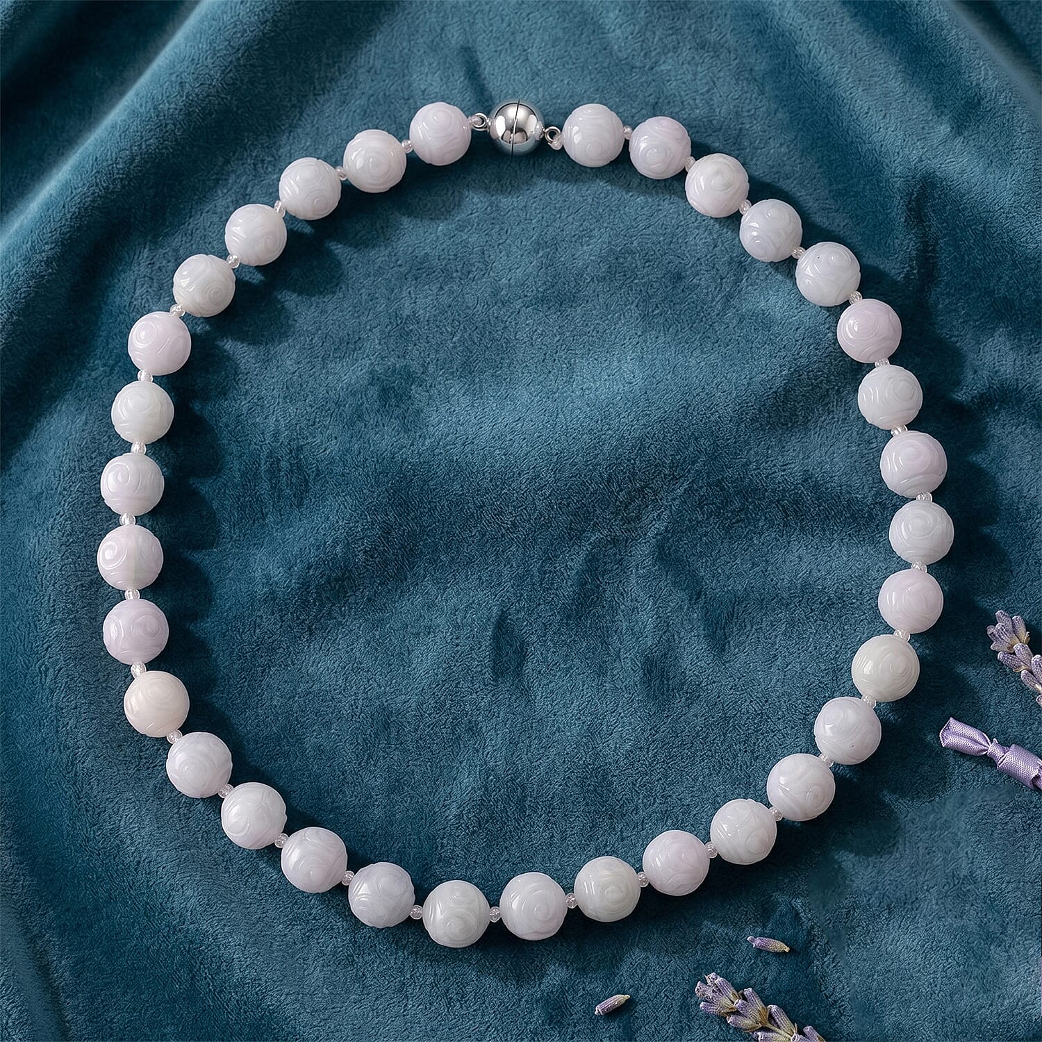 D'Joy - Natural White Jade Beads Necklace (Size - 20) with Magnetic Lock in Rhodium Overlay Sterling Silver 500.00 Ct.