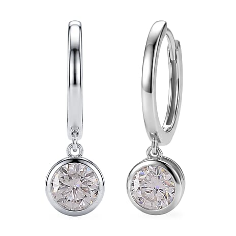 D'Joy - GRA Certified (D-VVS1) Moissanite Hoop Drop Earring with Clasp in Rhodium Overlay Sterling Silver 1.50 Ct.