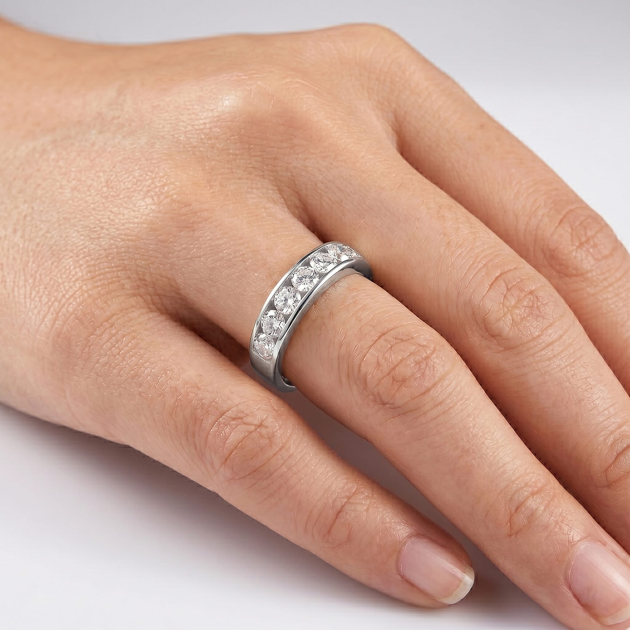 D'Joy - GRA Certified Moissanite 7 Stone Ring in Rhodium Overlay Sterling Silver 1.68 Ct.