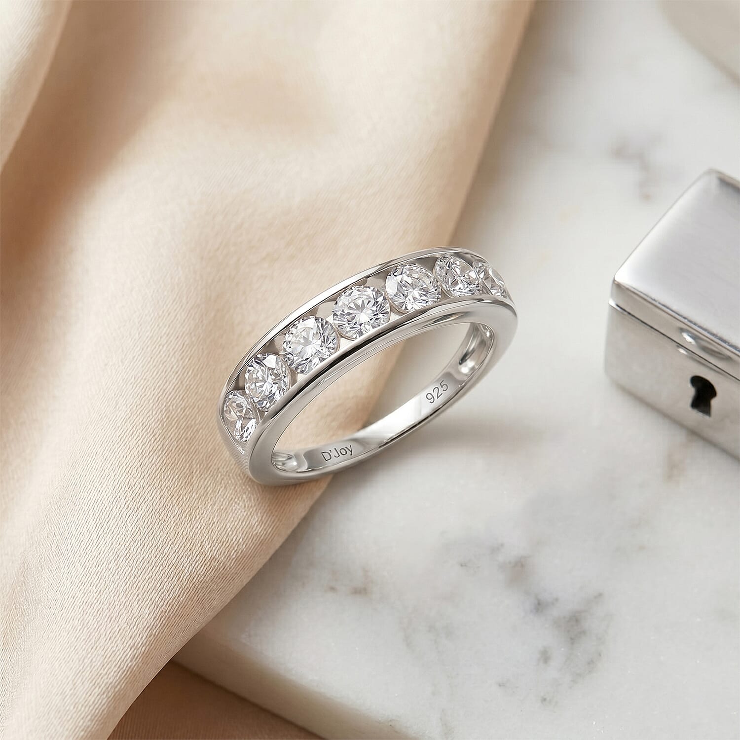 D'Joy - GRA Certified Moissanite 7 Stone Ring in Rhodium Overlay Sterling Silver 1.68 Ct.