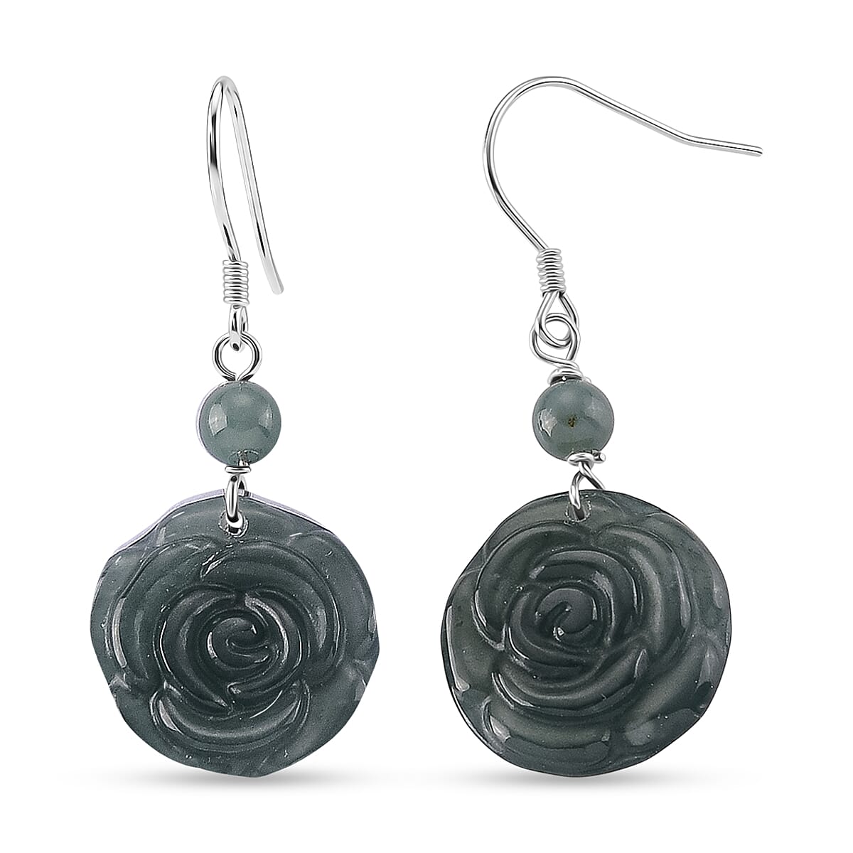 D'Joy - Natural Jade Beads Earring with Hook in Rhodium Overlay Sterling Silver 24.00 Ct.