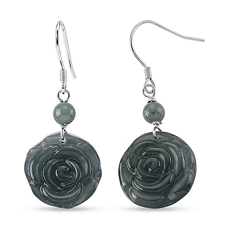 D'Joy - Natural Jade Beads Earring with Hook in Rhodium Overlay Sterling Silver 24.00 Ct.