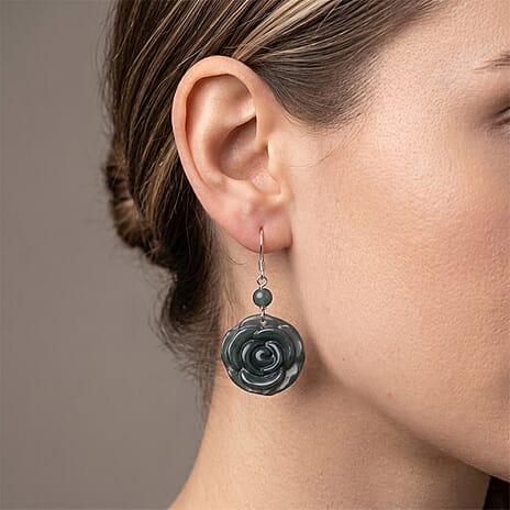 D'Joy - Natural Jade Beads Earring with Hook in Rhodium Overlay Sterling Silver 24.00 Ct.