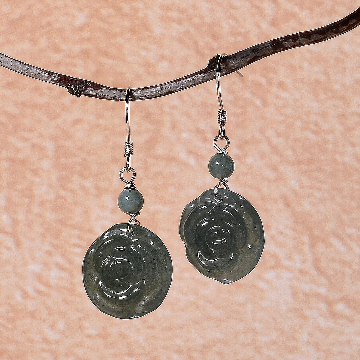 D'Joy - Natural Jade Beads Earring with Hook in Rhodium Overlay Sterling Silver 24.00 Ct.
