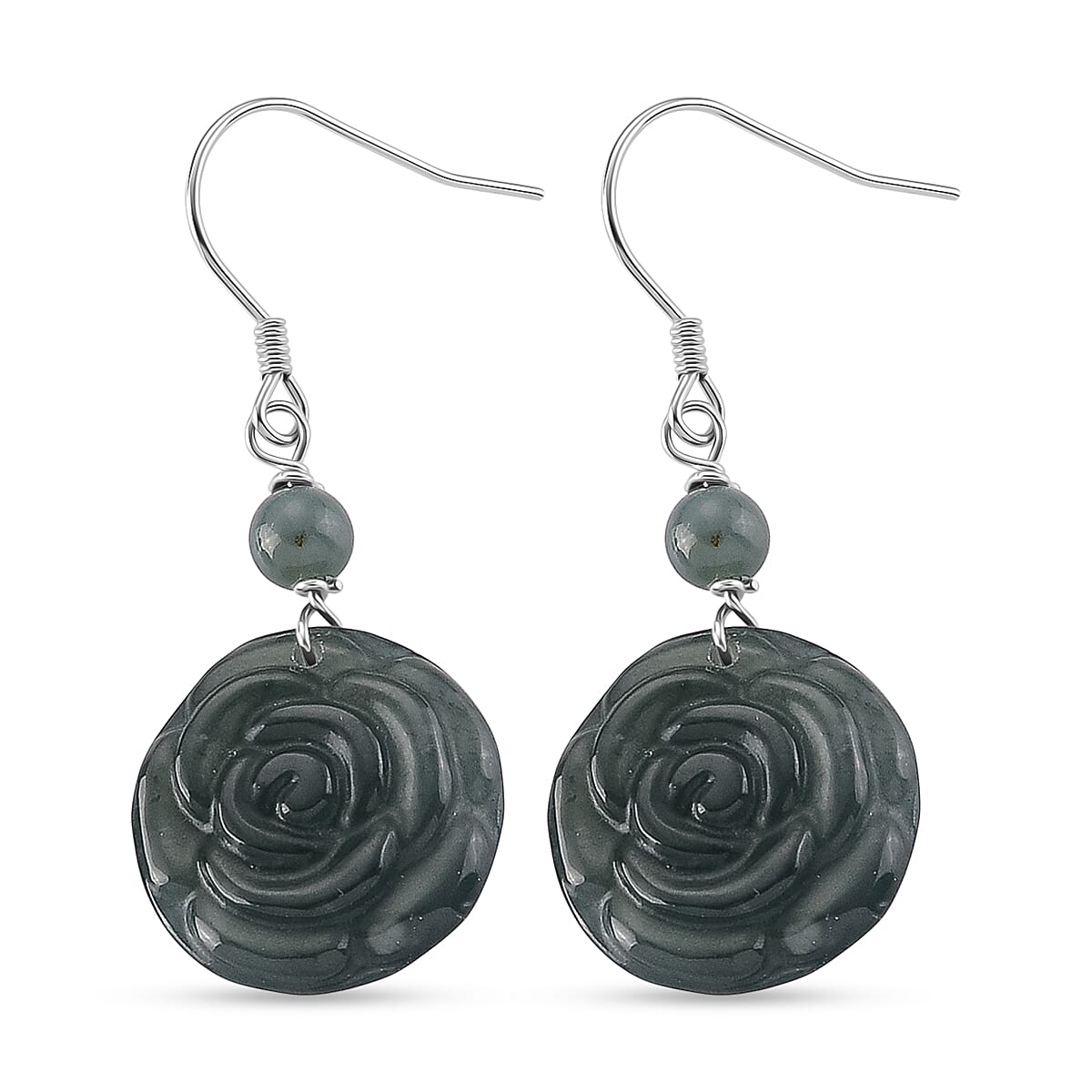 D'Joy - Natural Jade Beads Earring with Hook in Rhodium Overlay Sterling Silver 24.00 Ct.