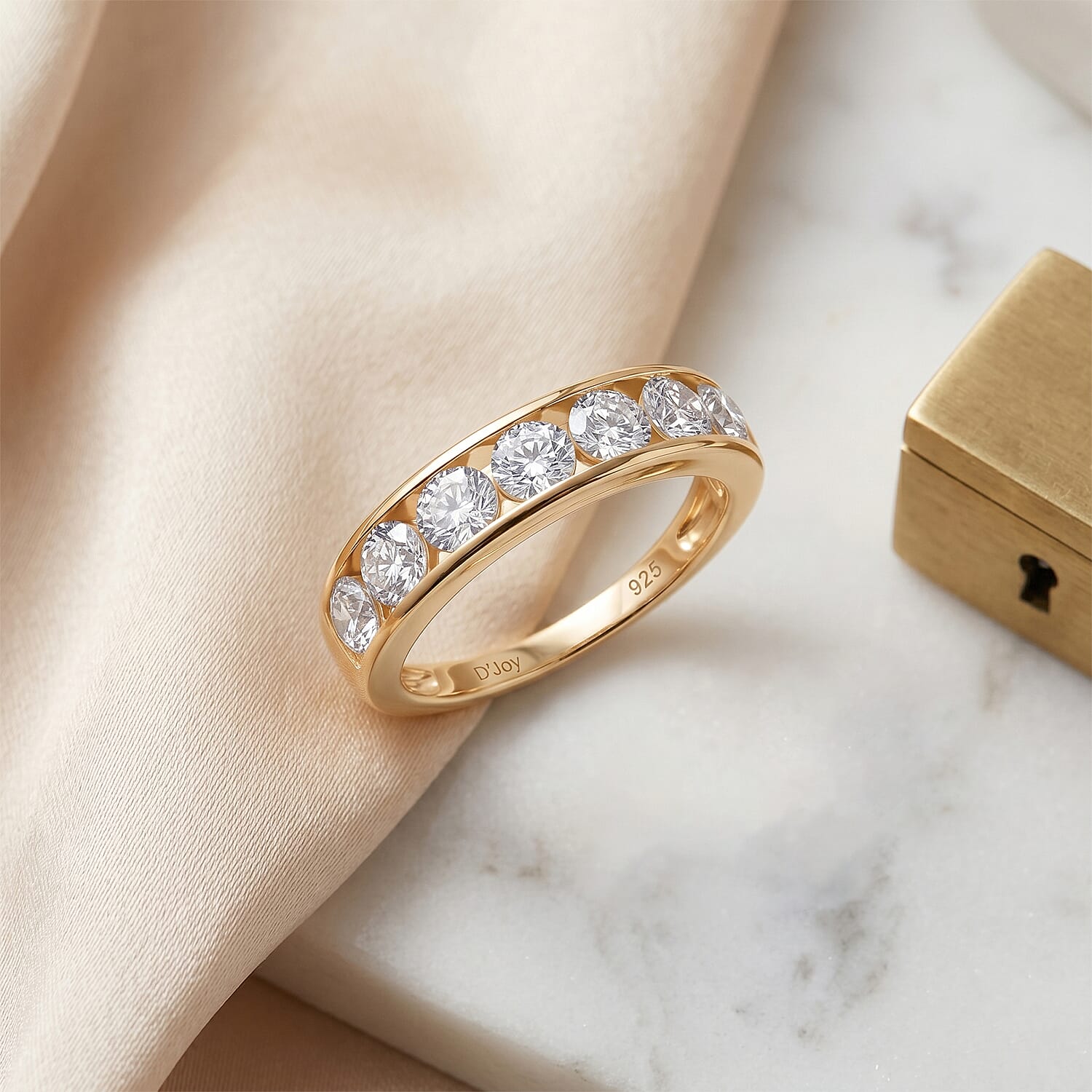 D'Joy - GRA Certified (D-VVS1) Moissanite 7 Stone Ring in Yellow Gold Plated Sterling Silver 1.68 Ct.