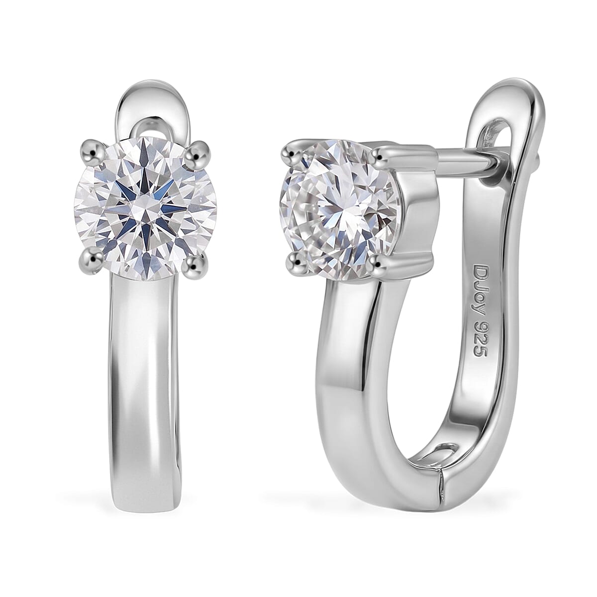D'Joy - GRA Certified (D-VVS1) Moissanite Solitaire Huggie Earring with Clasp in Rhodium Overlay Sterling Silver