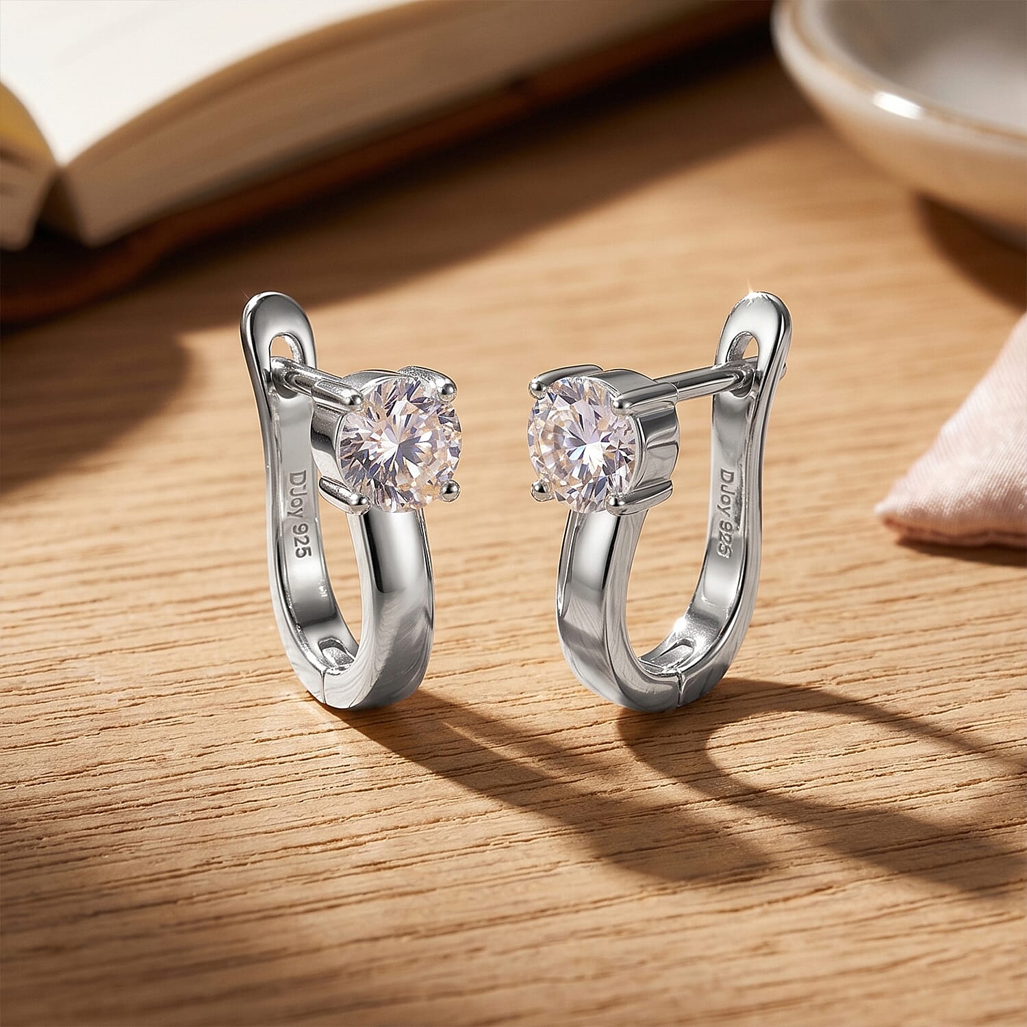 D'Joy - GRA Certified (D-VVS1) Moissanite Solitaire Huggie Earring with Clasp in Rhodium Overlay Sterling Silver
