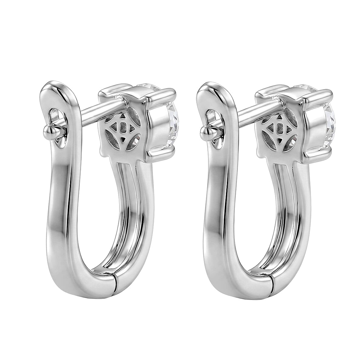 D'Joy - GRA Certified (D-VVS1) Moissanite Solitaire Huggie Earring with Clasp in Rhodium Overlay Sterling Silver