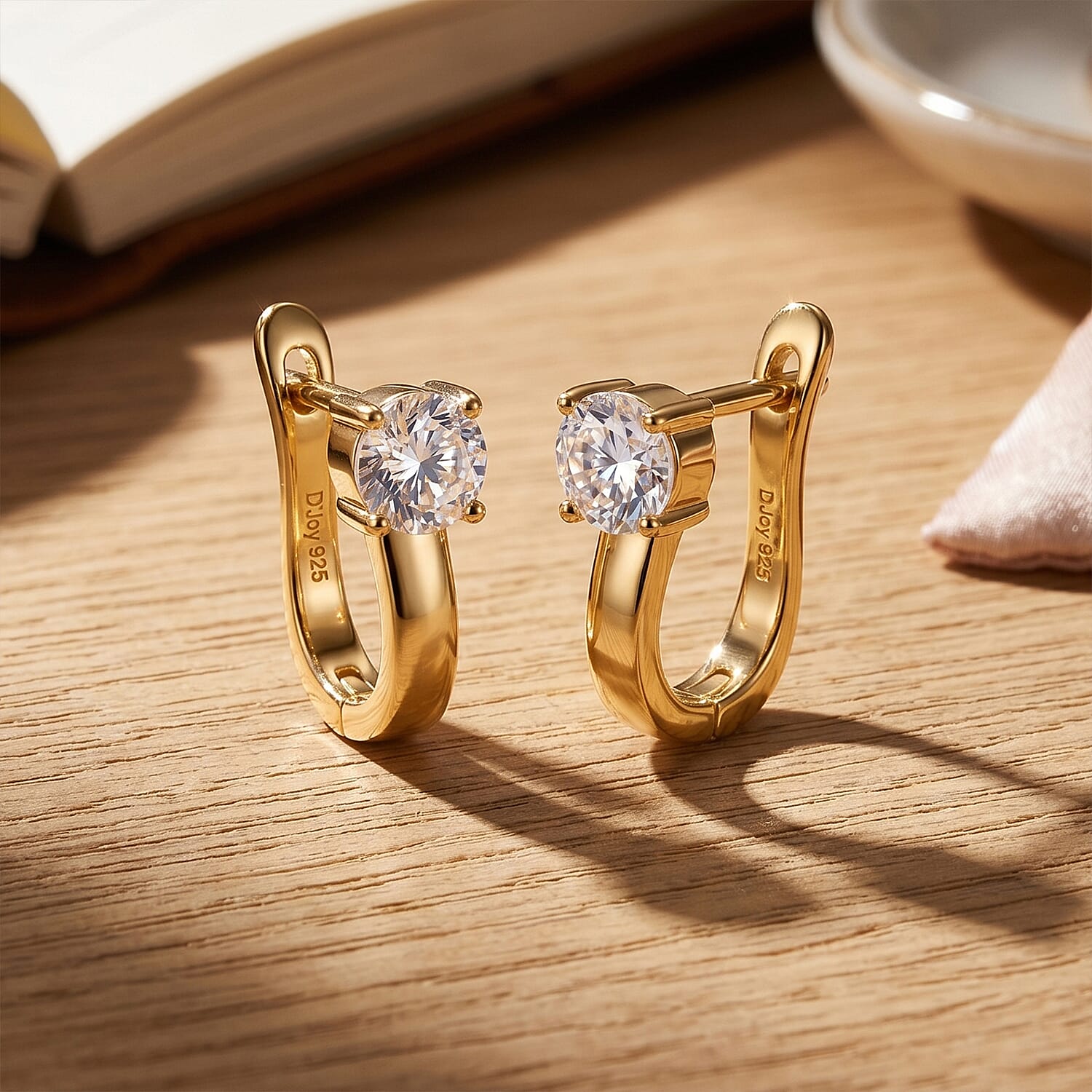 D'Joy - GRA Certified (D-VVS1) Moissanite Solitaire Huggie Earring with Clasp in Yellow Gold Plated Sterling Silver