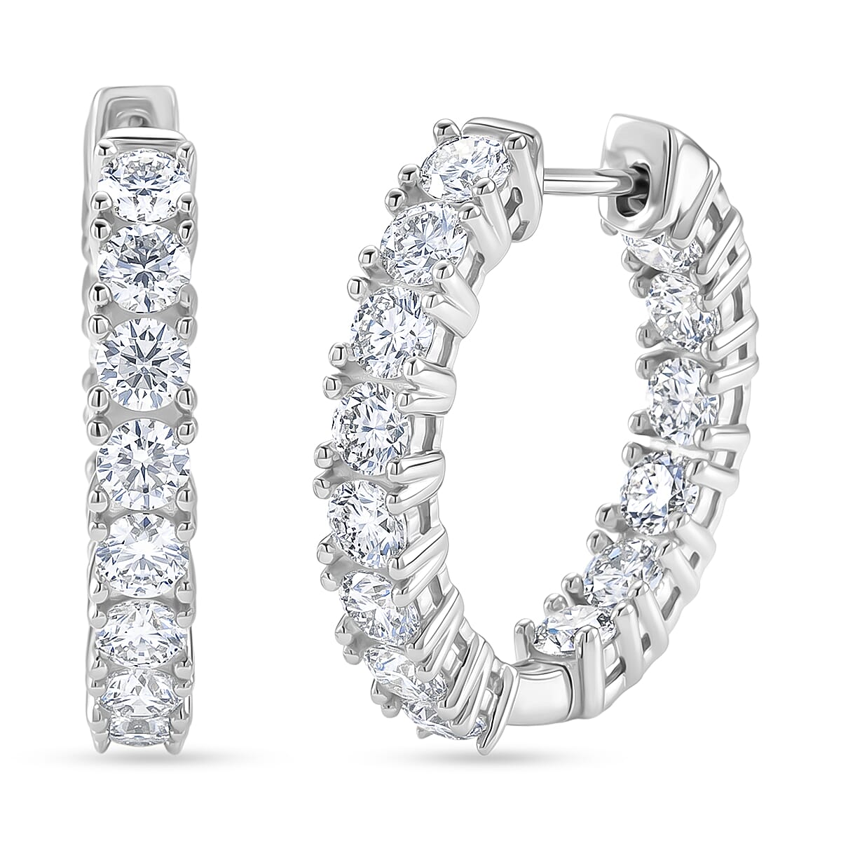 D'Joy - GRA Certified (D-VVS1) Moissanite Full Hoop Earring with Clasp in Rhodium Overlay Sterling Silver 2.80 Ct.