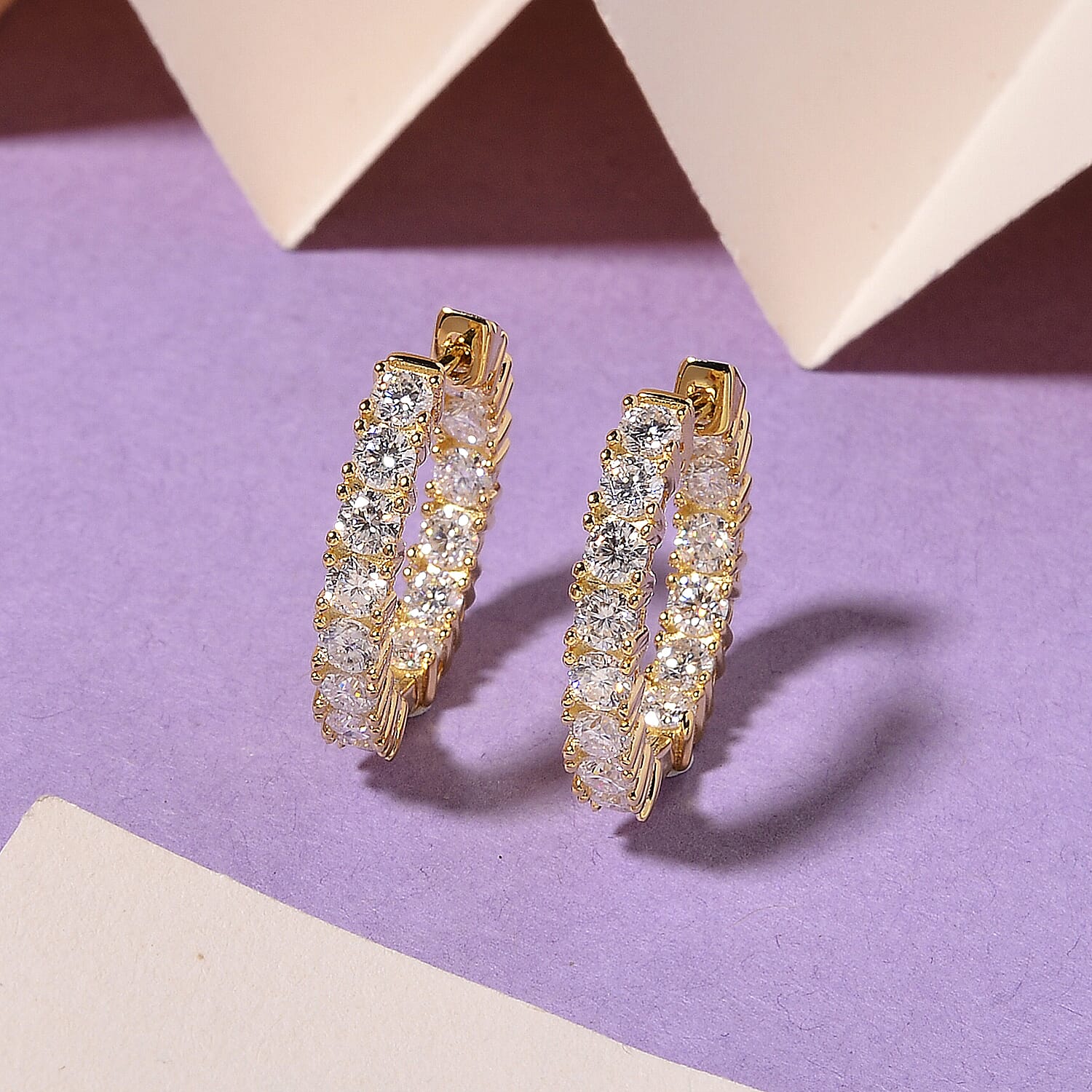 D'Joy - GRA Certified Moissanite Full Hoop Earring with Clasp in Yellow Gold Plated Sterling Silver 2.80 Ct.