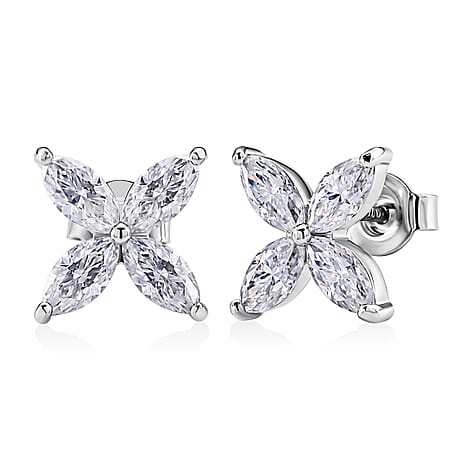 D'Joy - GRA Certified (D-VVS1) Moissanite Floral Earring with Lever Back in Rhodium Overlay Sterling Silver 2.00 Ct.