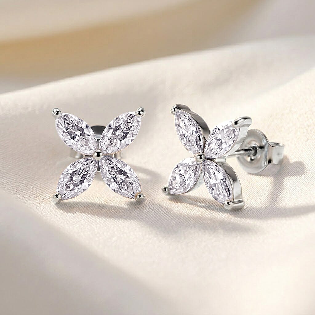D'Joy - GRA Certified (D-VVS1) Moissanite Floral Earring with Lever Back in Rhodium Overlay Sterling Silver 2.00 Ct.